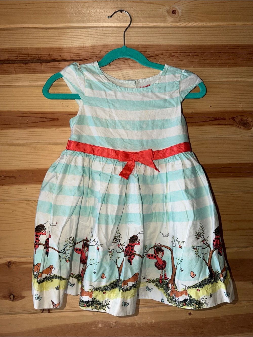 Striped Aqua & White Girls' Dress with Red Bow Accent